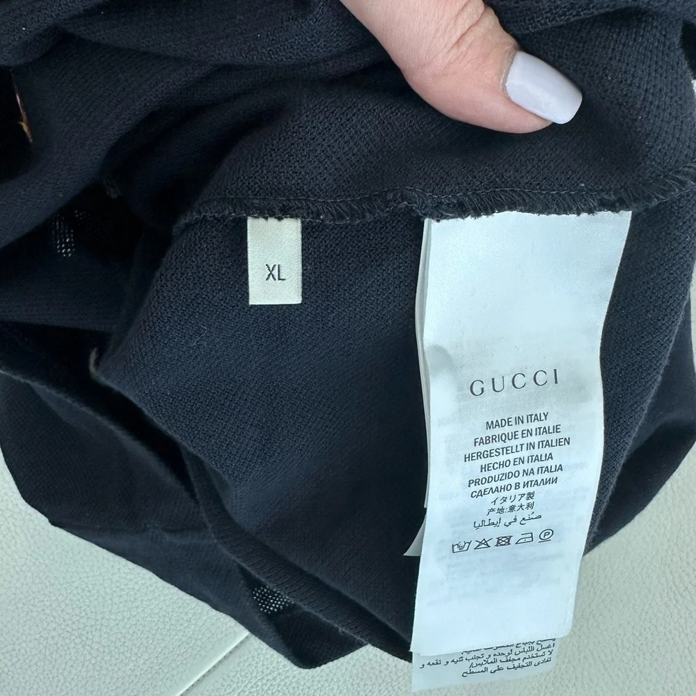 Gucci Black Polo with Red Striped Collar and Multicolor Embroidered Motifs